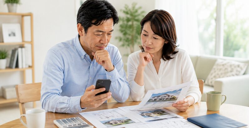 スマートフォンと住宅資料を見ながら自宅の売却相場を確認する40代から50代の夫婦