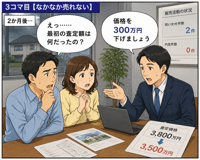 自宅を売り出して2か月たっても問い合わせが少なく、不動産会社から300万円の値下げを提案され困惑する夫婦
