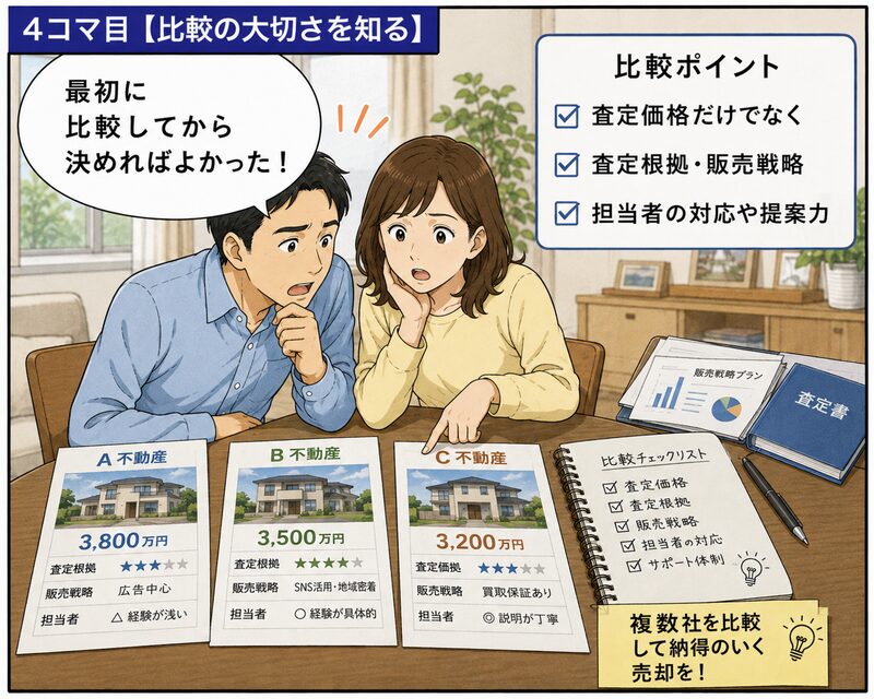 複数の不動産会社の査定資料を並べ、査定価格だけでなく査定根拠や販売戦略、担当者の対応を比較する大切さに気づいた夫婦