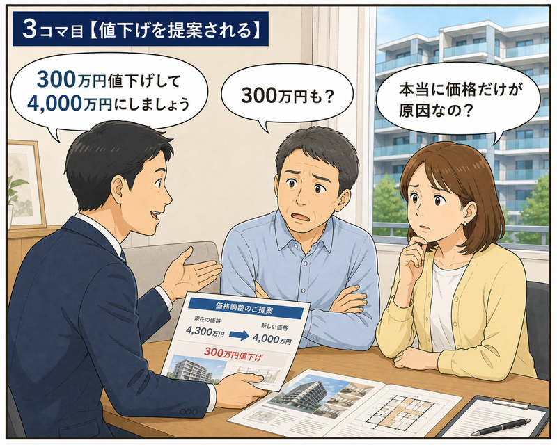 マンションが売れず、営業担当者から300万円の値下げを提案され、価格だけが原因なのか疑問を持つ夫婦
