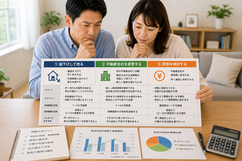 値下げ・不動産会社変更・買取の3つの方法を比較する夫婦