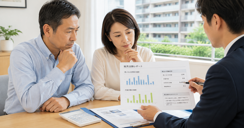 マンション売却の問い合わせ件数と内覧件数を営業担当者と確認する夫婦