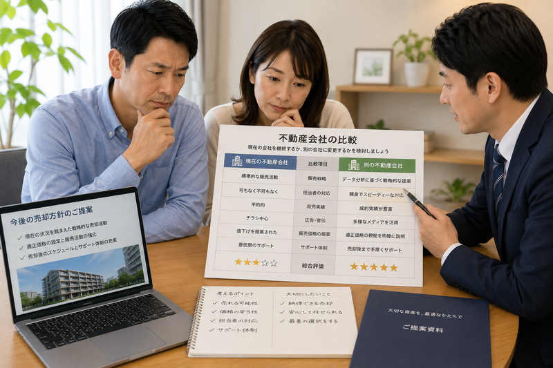 現在の不動産会社を継続するか別会社へ変更するか比較する夫婦