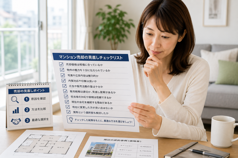 マンション売却の見直しチェックリストを確認する女性