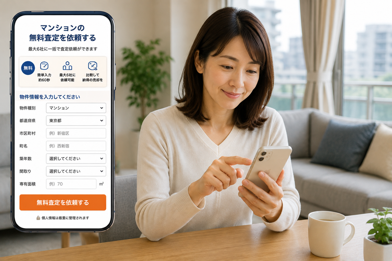 スマートフォンでマンションの再査定を依頼する女性