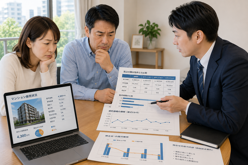 マンションの販売データを見ながら売れない原因を分析する夫婦と営業担当者