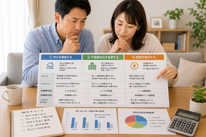仲介継続・不動産会社変更・買取の3つを比較する夫婦