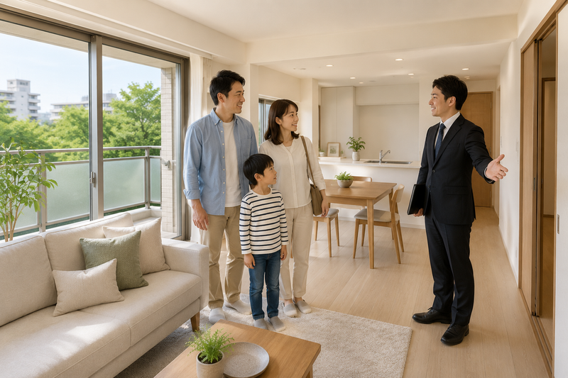 明るく整理されたマンションを内覧する家族