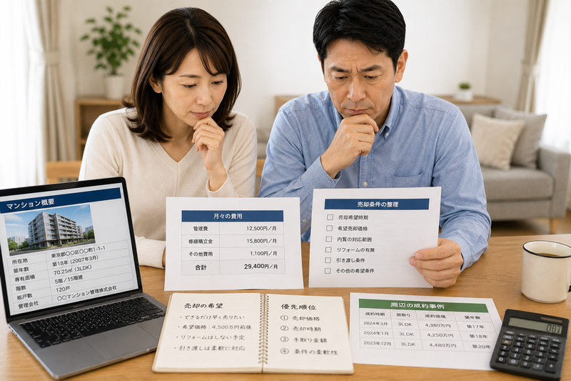 管理費・修繕積立金・築年数などを確認しながら売却条件を整理する夫婦