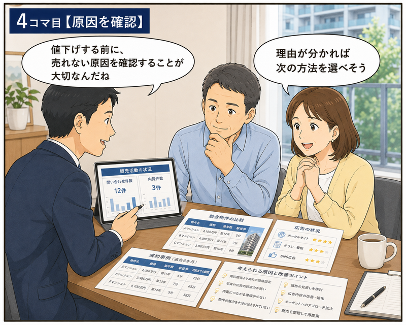 マンションが売れない原因を確認するため、問い合わせ件数や内覧件数、競合物件、広告状況、成約事例を営業担当者と確認する夫婦」