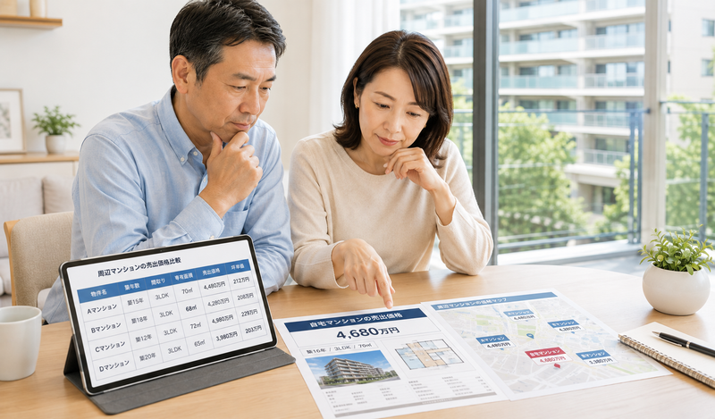 自宅マンションの売出価格と周辺マンションの価格を比較する夫婦