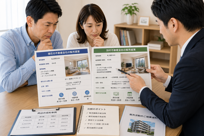 現在の会社と別の不動産会社の販売提案を比較する夫婦