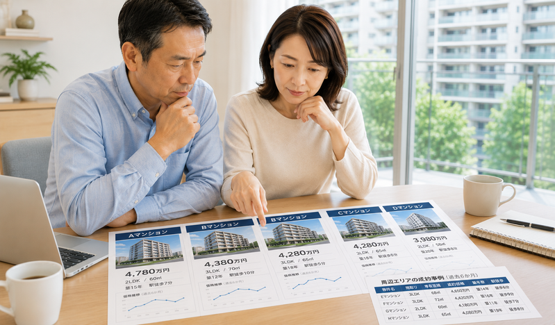 複数の中古マンション販売情報を比較して競合物件を確認する夫婦