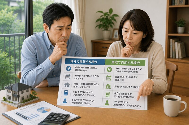 仲介と買取の2つの売却方法を比較する夫婦