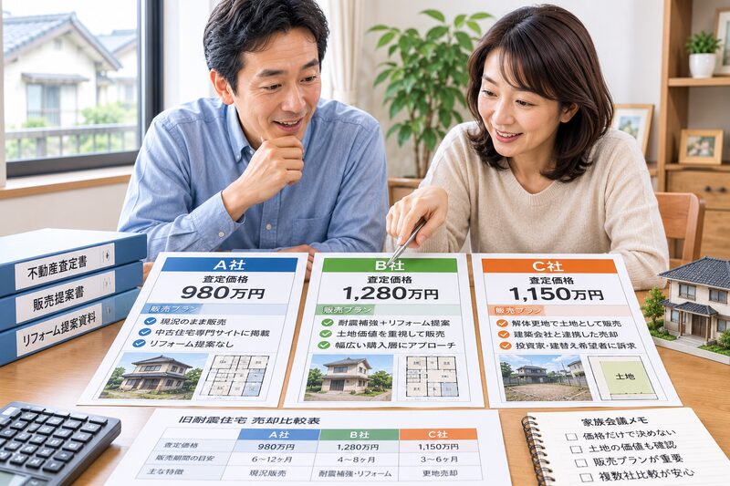 3社の旧耐震住宅の査定と販売プランを比較する夫婦