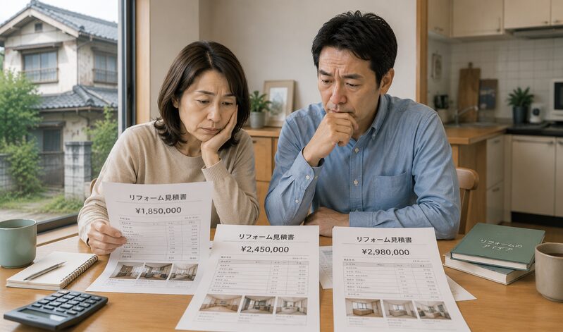 古い住宅のリフォーム見積書を前に悩む夫婦