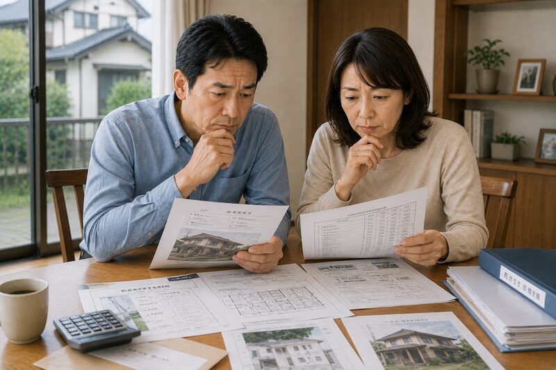 古い住宅の資料をチェックする夫婦