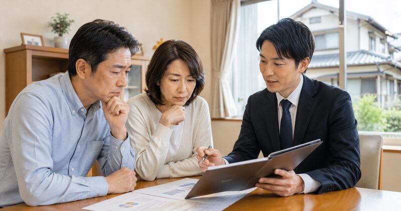 古い住宅の査定結果を営業担当者から聞く夫婦