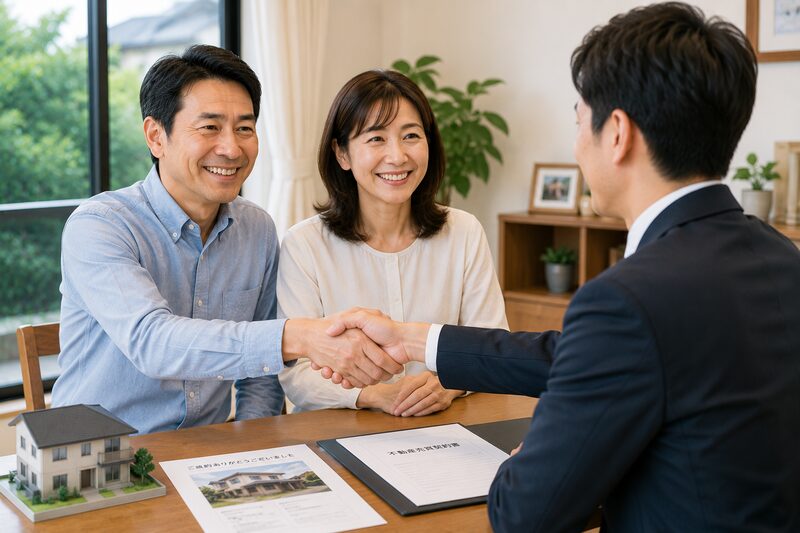 古い住宅の売却を終え営業担当者と握手する夫婦