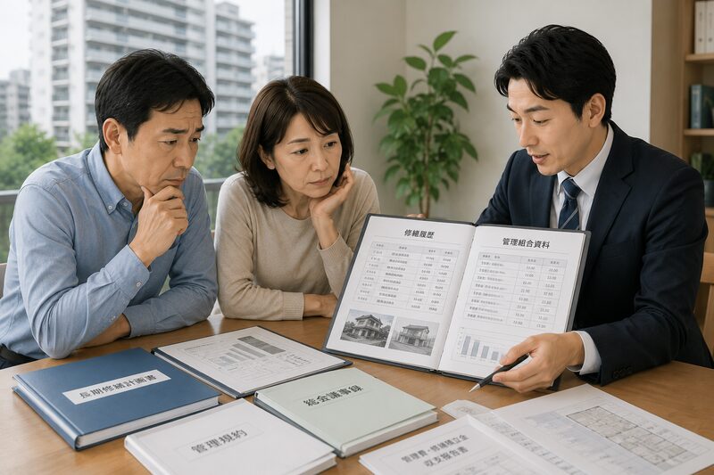 マンションの修繕履歴や管理資料を確認する営業担当者と夫婦
