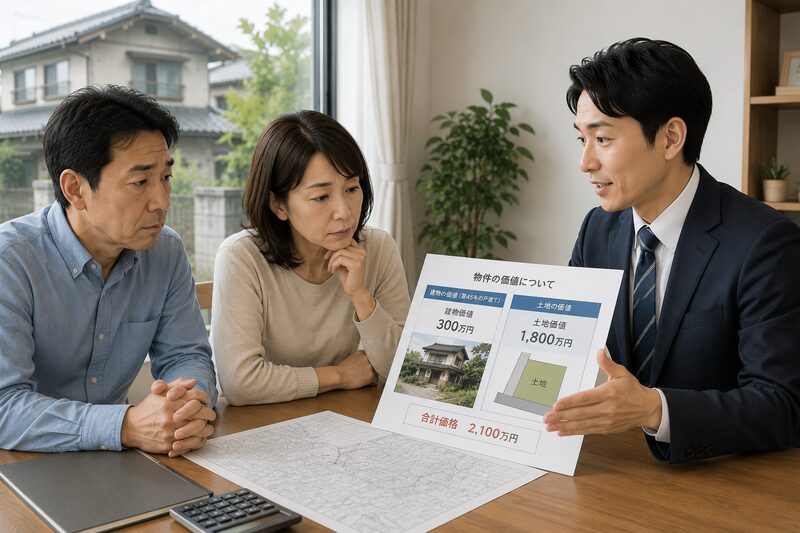 古い戸建てと土地の価値を営業担当者が説明する様子