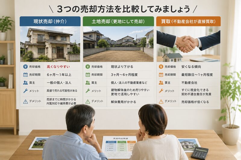 現状売却・土地売却・買取の3つを比較するイメージ