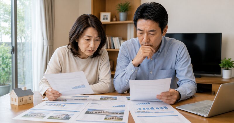 旧耐震住宅の複数の査定資料を比較する夫婦