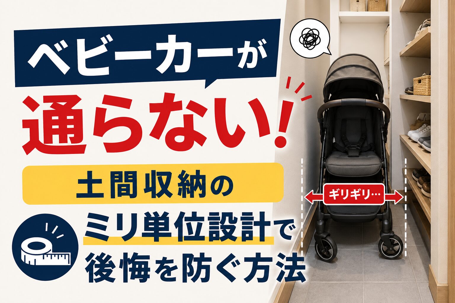新築の狭い土間収納の入り口で引っかかり、中に入らないベビーカーと頭を抱える母親
