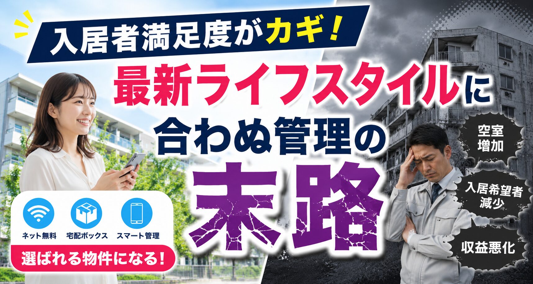 古びた賃貸マンションのエントランスと、スマートホンを見て不満そうな表情を浮かべる若い入居者のイメージ（管理不全による空室リスクの表現）