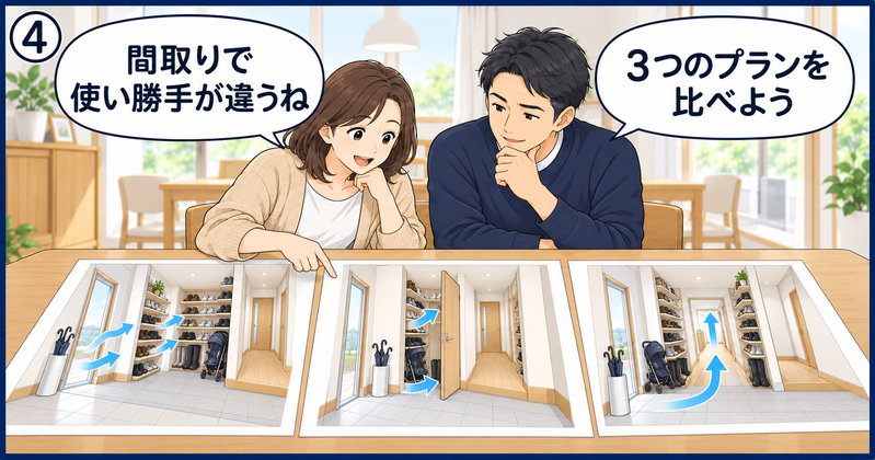 ドアなし・扉付き・ウォークスルー型の3つの玄関収納プランを並べ、換気や収納量、使いやすさを比較する夫婦
