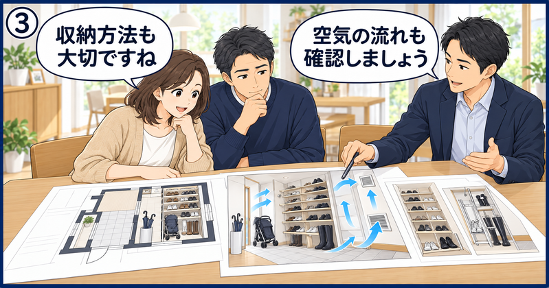 住宅設計担当者と玄関の間取り図や換気経路、収納棚の配置図を見ながら、シューズクロークの空気の流れと収納方法を相談する夫婦