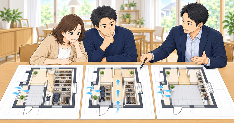 シューズクロークの収納量や生活動線と玄関の広さが異なる3つの間取りプランを比較する夫婦
