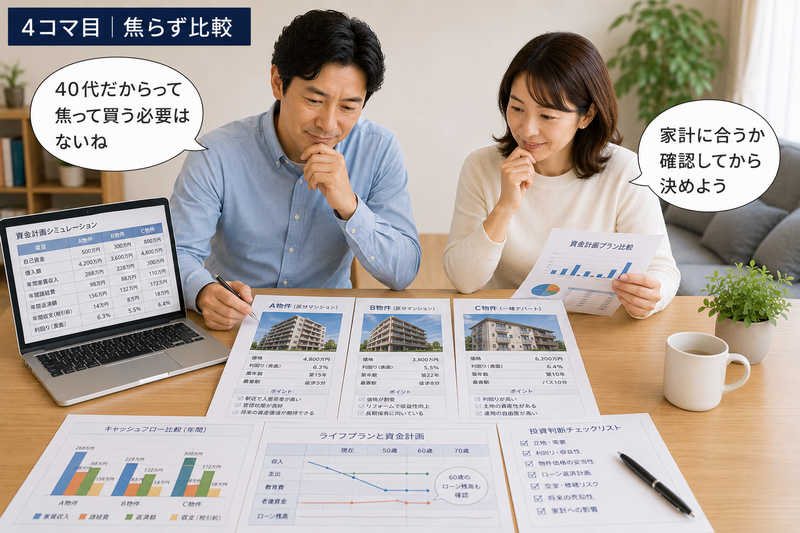 複数の投資用不動産と資金計画を比較する40代夫婦