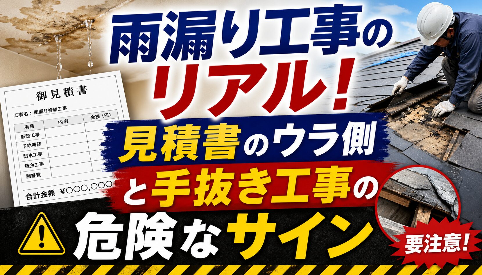雨漏りで天井から水が垂れている様子と不安そうな家の持ち主