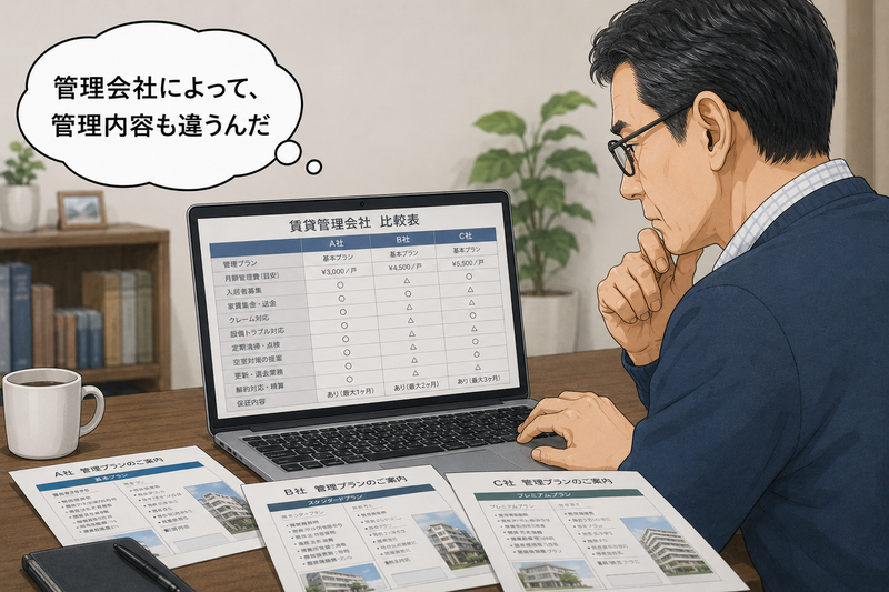 複数の賃貸管理会社の管理内容や費用を比較する不動産オーナー