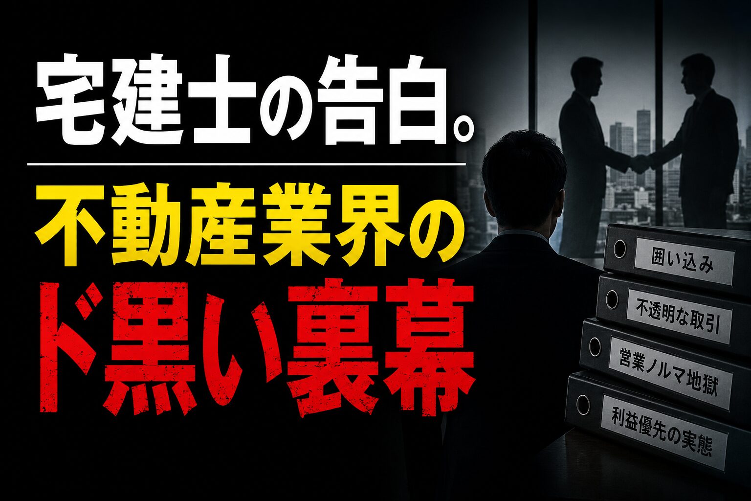 薄暗い部屋で契約書を前に悪だくみをする不動産業者のイメージ