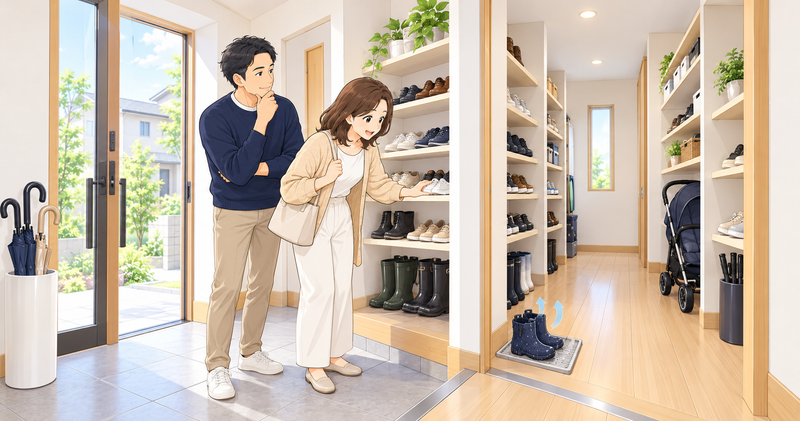 詳しい画像プロンプト
明るく清潔感のある日本の戸建て住宅の玄関。
40〜50代の日本人夫婦が、ドアなしのシューズクロークを確認している場面。
シューズクロークには、整理された靴棚、スニーカー、革靴、長靴、傘、ベビーカーなどを自然に配置します。
妻は靴棚を確認し、夫は玄関とシューズクロークのつながりを見ています。
画面の一部に、雨で濡れた靴を乾かすためのスペースを設けます。
ドアがない開口部から玄関へ空間がつながっていることが分かる構図にします。
ただし、臭いを黒い煙で表現したり、カビだらけの収納を描いたりしません。
清潔感を保ちながら、靴の湿気と空気の流れを考える場面にします。
女性向けの明るいデザイン。白・ネイビー・淡ベージュ中心。
ALT【コピペ用】
ドアなしシューズクロークで靴の湿気や臭いと玄関への空気の流れを確認する夫婦