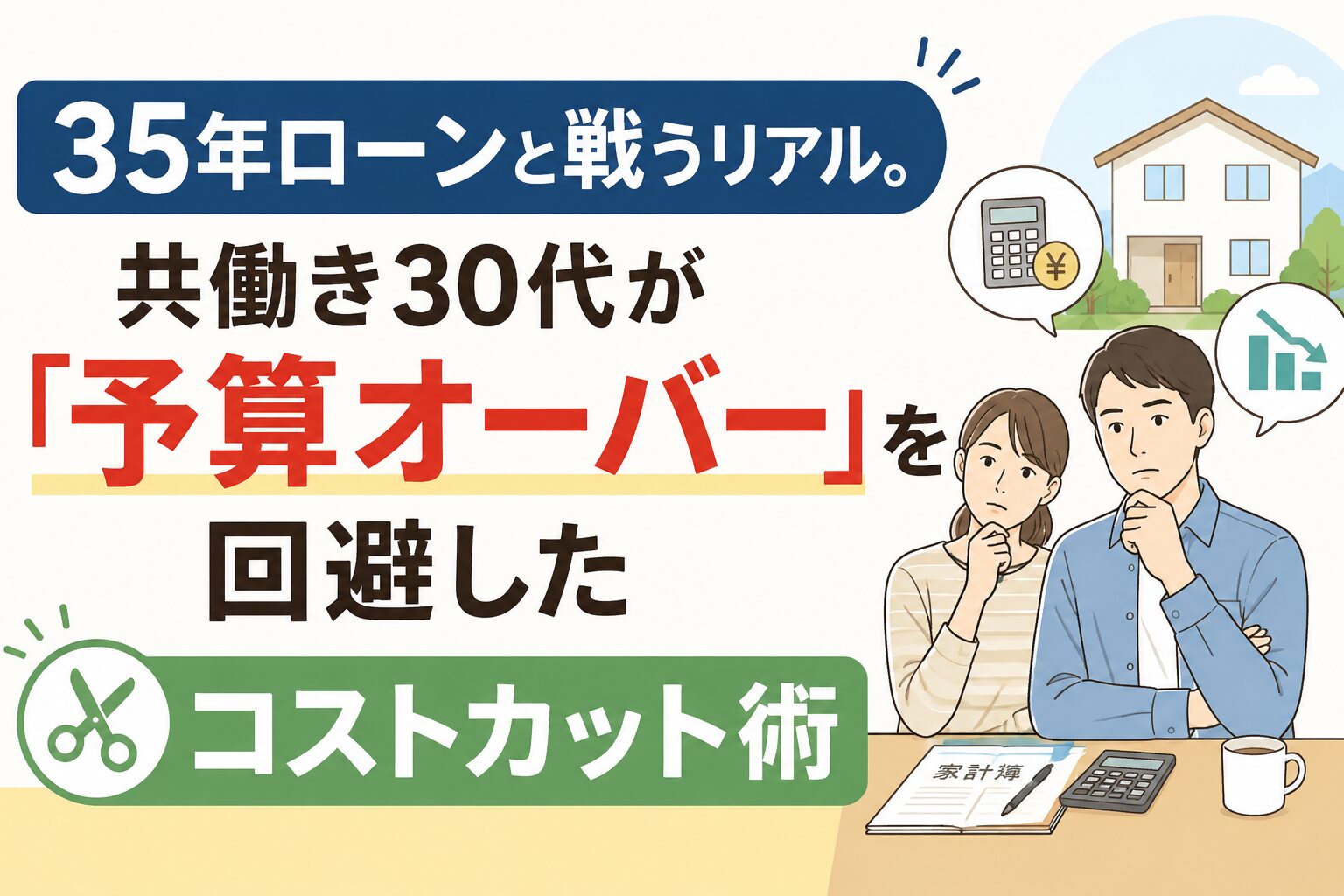 35年ローンと予算オーバーに頭を抱える30代共働き夫婦と、複数のハウスメーカーの建築プランを比較しているイメージ