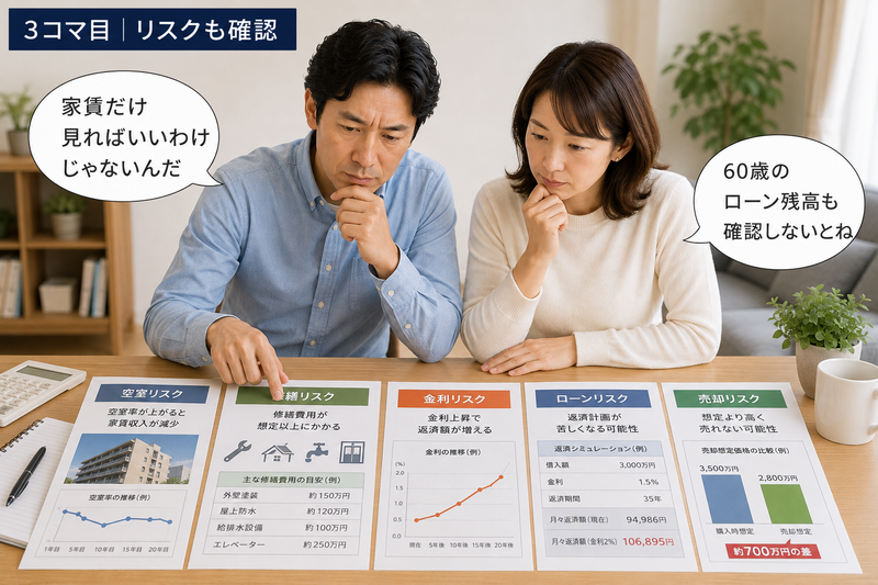 不動産投資の空室や修繕とローンのリスクを確認する夫婦