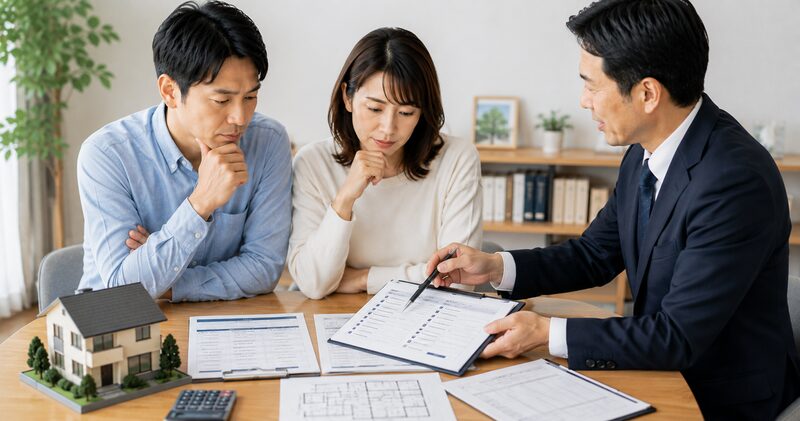不動産売却の価格だけでなく、契約内容や手数料、売却条件まで営業担当者と確認する夫婦