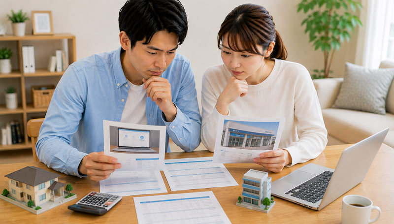 ネット銀行と店舗型銀行の住宅ローンを比較する夫婦