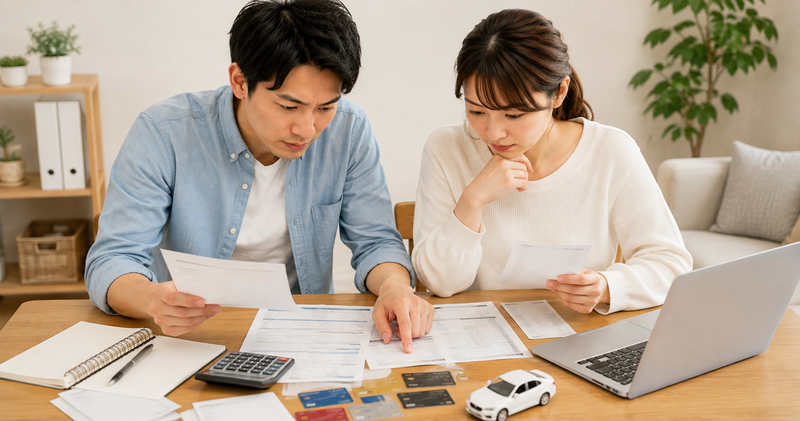 住宅ローン審査前に自動車ローンやカードローンの借入状況を整理する夫婦
