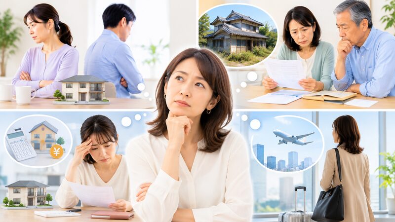 離婚・相続・住宅ローン・転勤など、期限付きで不動産売却が必要になる4つのケースを表したイメージ