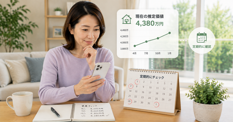 スマートフォンで自宅の現在価値を定期的に確認する女性