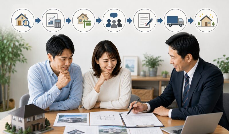 査定から不動産会社の比較、販売活動、契約、引き渡しまで期限付き売却の流れを確認する夫婦