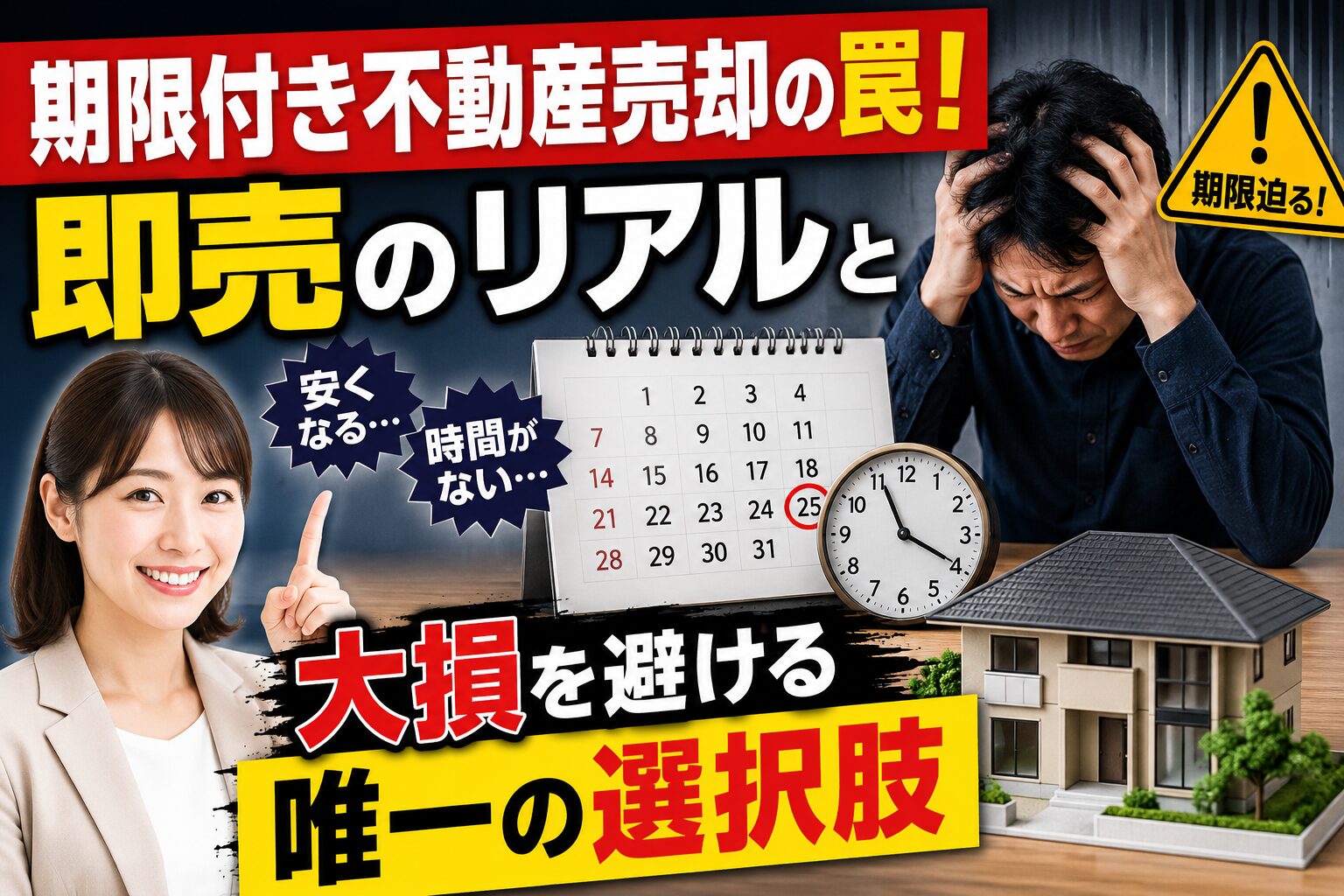 期限付きの不動産売却でカレンダーの時計を前に頭を抱えて悩む男性と、家のミニチュア