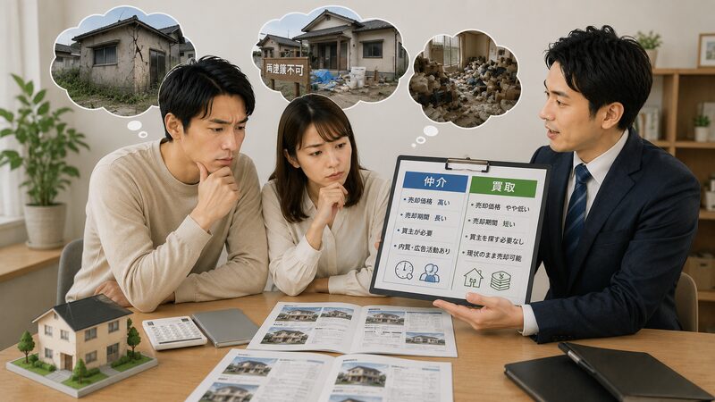 訳アリ物件を仲介で売るか、買取してもらうかを不動産会社から説明を聞いている夫婦