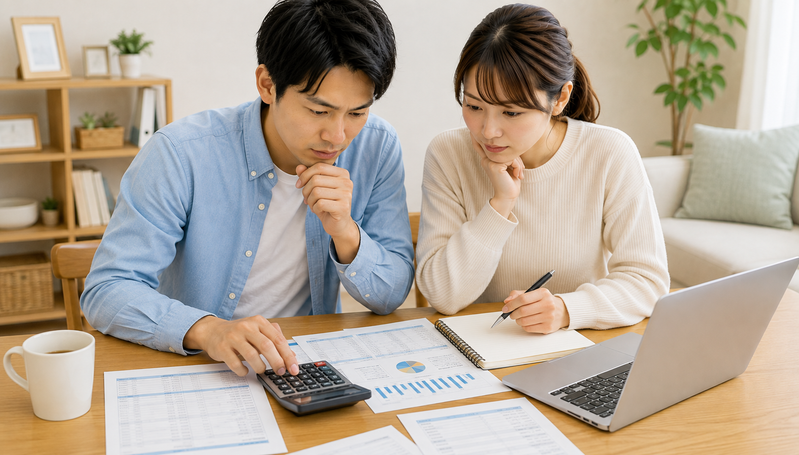 年収と住宅ローンなどの返済額を比較して返済負担を確認する夫婦