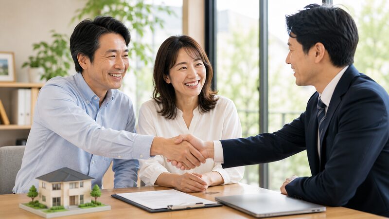 笑顔で売却を終えた夫婦が、不動産会社の担当者と握手しているイメージ