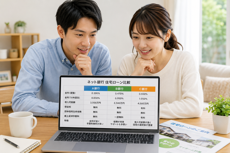 ネット銀行の住宅ローン審査条件をパソコンで比較する夫婦